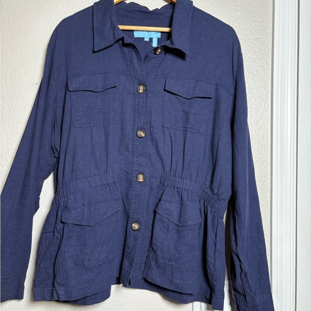Draper James Dark Blue Soft Linen Rayon Utility Jacket with Classic Design. XL